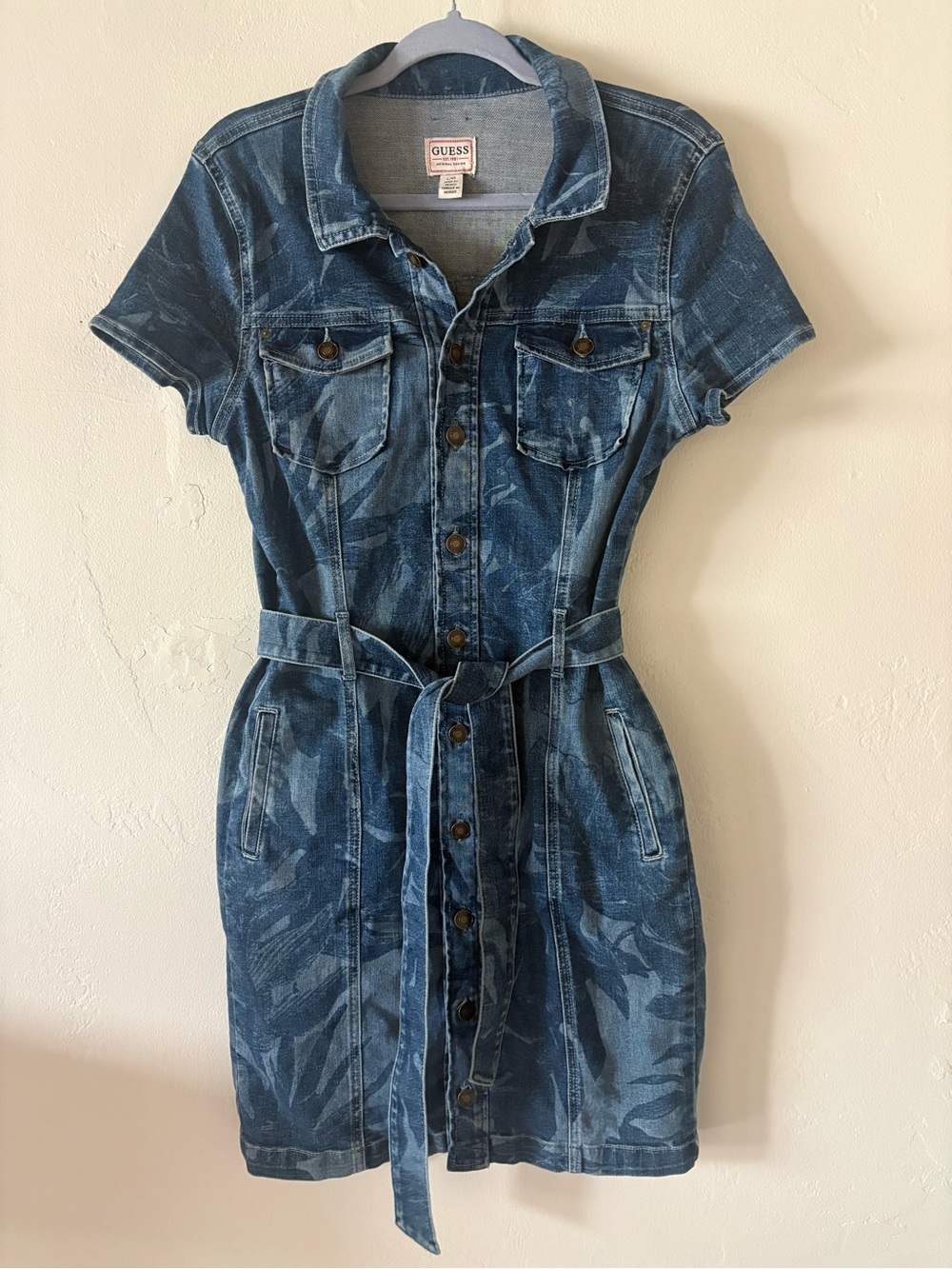 Guess Stella Tropical Print Mini Denim Dress Tie Belt Short Sleeve Size Large